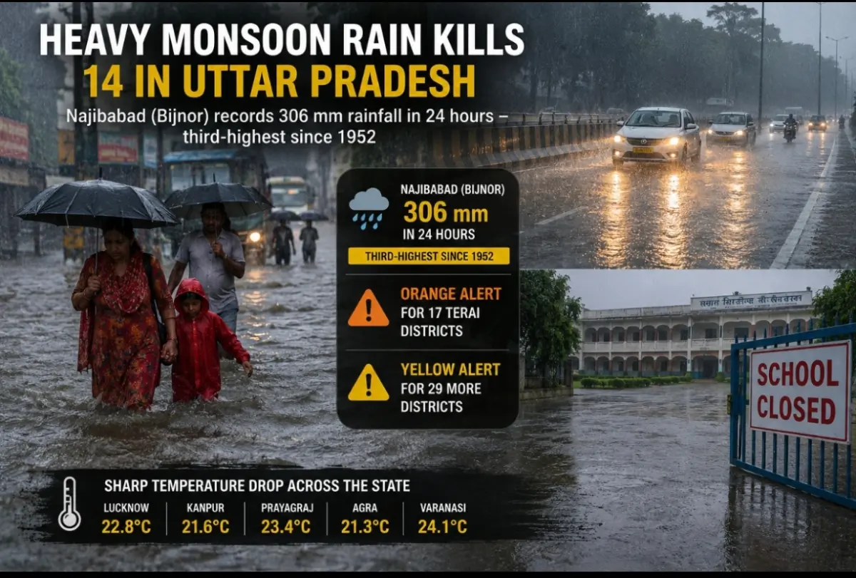 UP Rain Havoc: 14 Dead, Najibabad Records Third-Highest Rainfall Since 1952 as Orange Alert Issued for 17 Districts