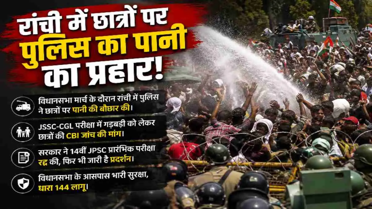 रांची में छात्र आंदोलन: पुलिस ने पानी की बौछारें चलाईं, विधानसभा घेराव का प्रयास